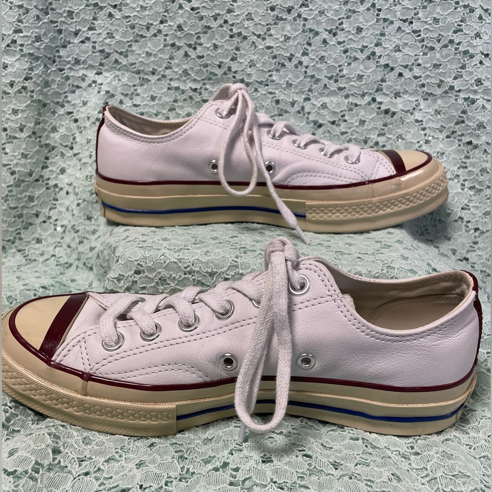 Converse Low Tops Leather Sneakers Shoes White Burgundy 70 XO Men 5 Woman Size 7